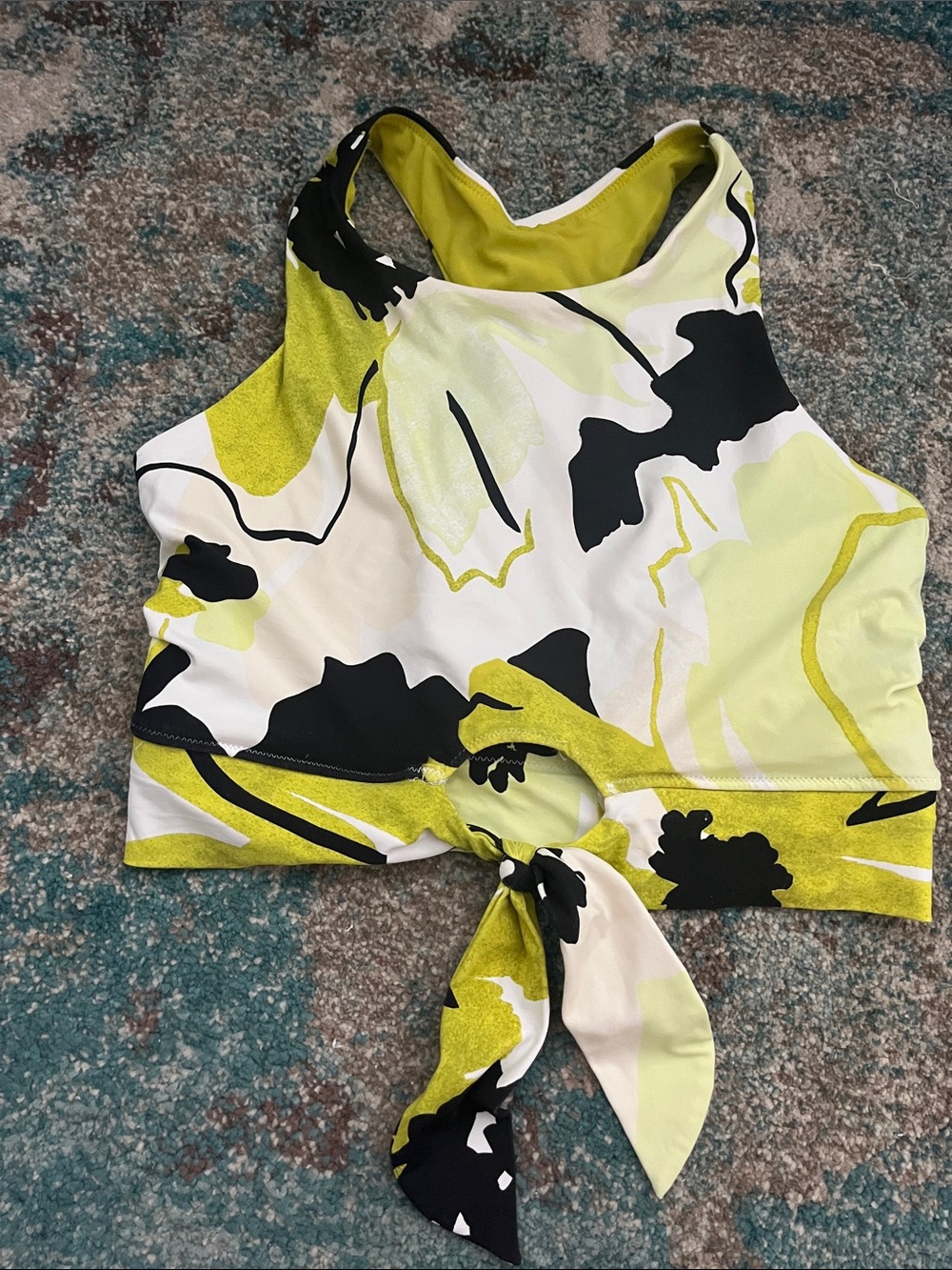 CALIA by Carrie Underwood Lime Green Black White Floral Tie-Back Bikini Top